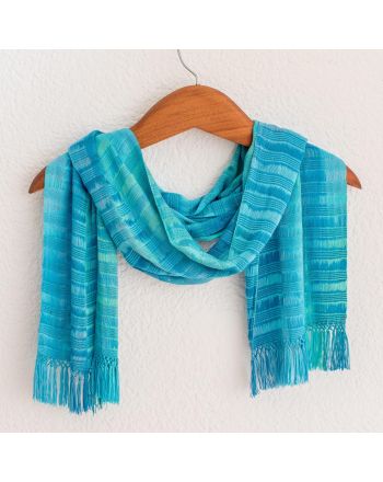 Forever Blue Backstrap Loom Rayon Chenille Handmade Scarf in Blue